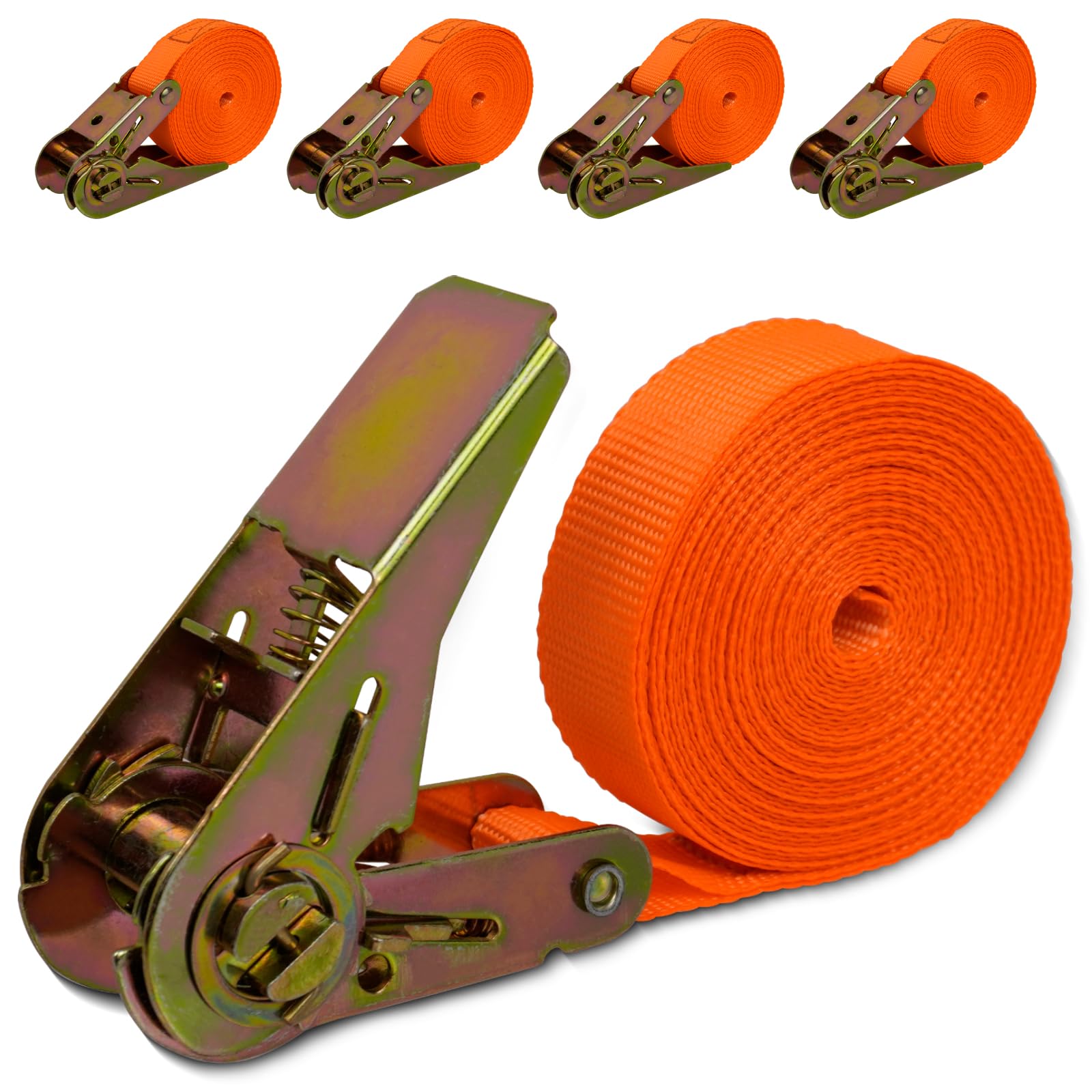 ZephyrCraft 4 Pack Heavy Duty Ratchet Straps, 6m x 25mm, 1000kg Load Capacity, Durable Tie Down Straps for Load Securing, Luggage Straps, Roof Rack Straps (Orange)