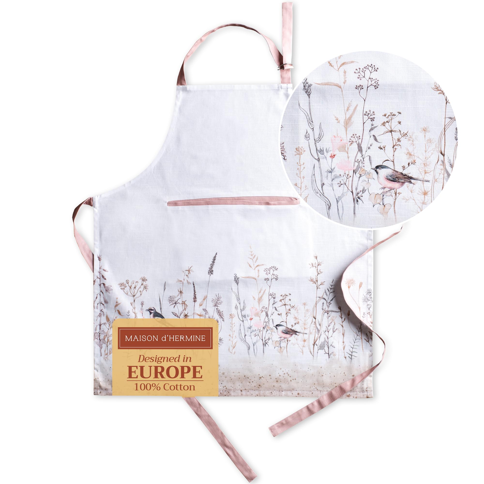 Maison d' Hermine 100% Cotton Apron for women with Pocket Kitchen Chef Spring/Summer Apron for Men Cooking Gardening Server Waitress Maid - (Meadow Florals - Brown, 85 cm x 70 cm)