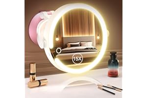 vpu 15X/1X Wall Mounted Magnifying Makeup Mirror with Power Suction Cup, Rechargeable Double Sided Regular HD/Magnification 3 Color Modes Adjustable Brightness Mirror with Lights for Bathroom, Travel