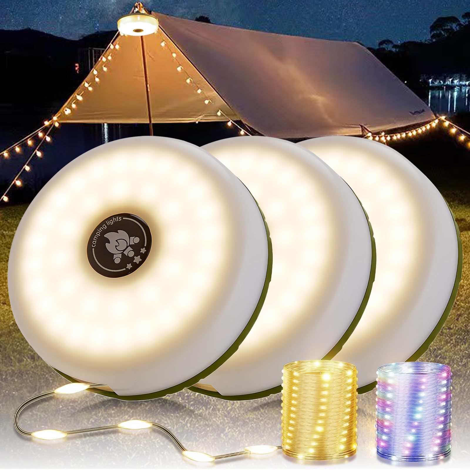 3-Pack Camping String Lights, 4 in 1 Portable Camping Light Rechargeable, 8 Lighting Modes, USB Charging, Quick Storage, 32.8FT Waterproof Tent Lights String for Camping, Hiking, Yard, Christmas Image