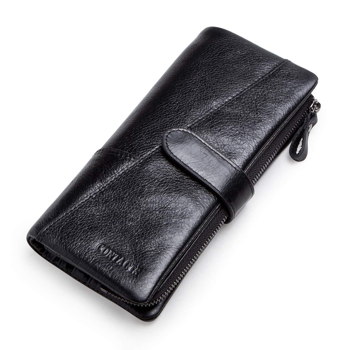CONTACTS Real Leather Womens Multifunction Wallet,Travel Secretary Checkbook Phone Long Wallet,Zipper Coin Purse Large Capacity Clutch for Men(Black)