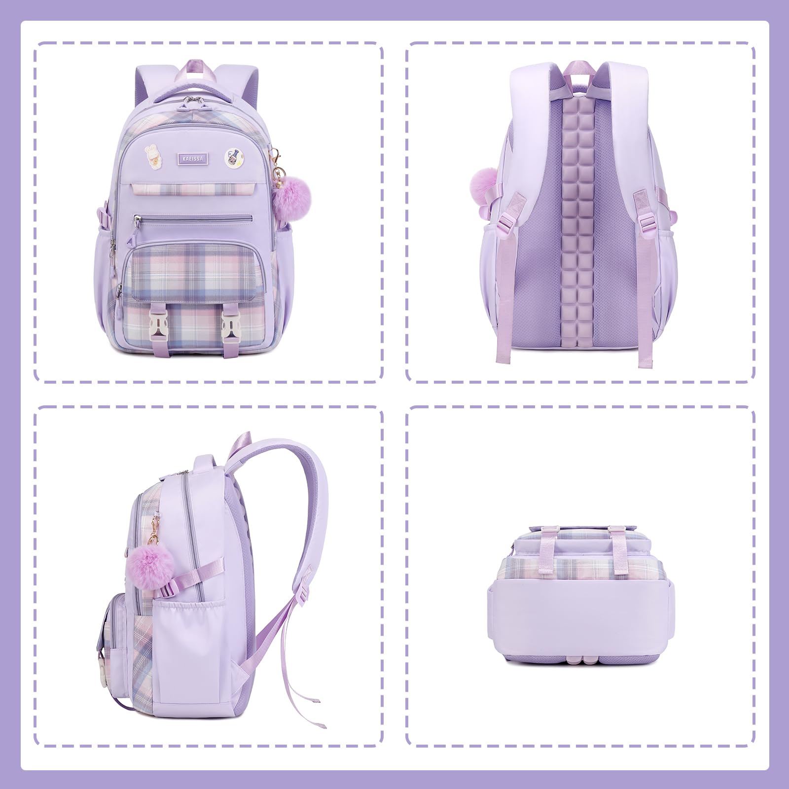 Girls Backpack for School, Kawaii Bookbag for Teen Multiple Pockets Kids Backpack for Primary Elementary Middle School, Age 6-14,Purple