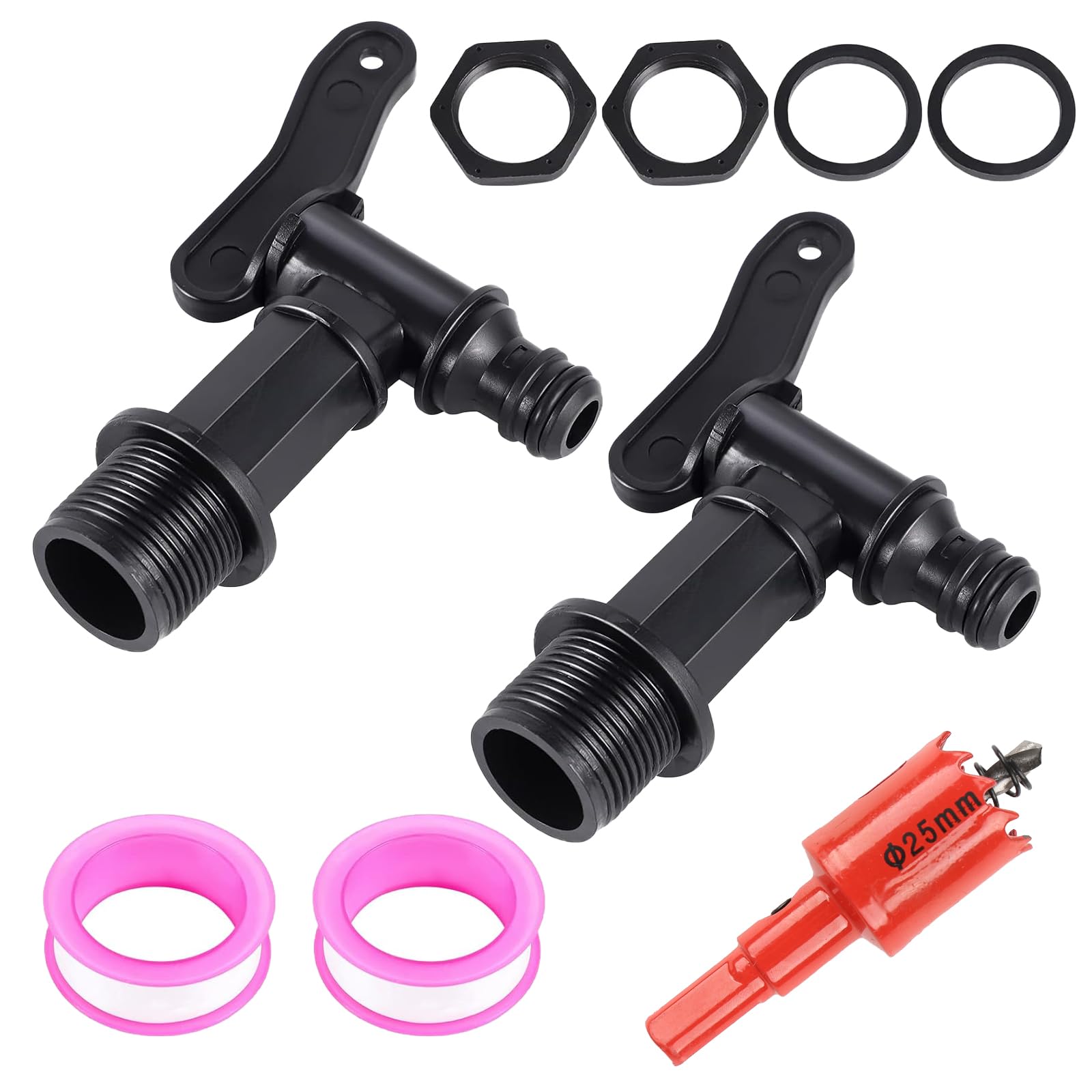 FENGQQKJ 3/4" Plastic Water Tank Outlet Tap with 25mm Hole Opening, Plastic Wire Loop, Waterproof Strip for Home and Garden (Pack of 2)