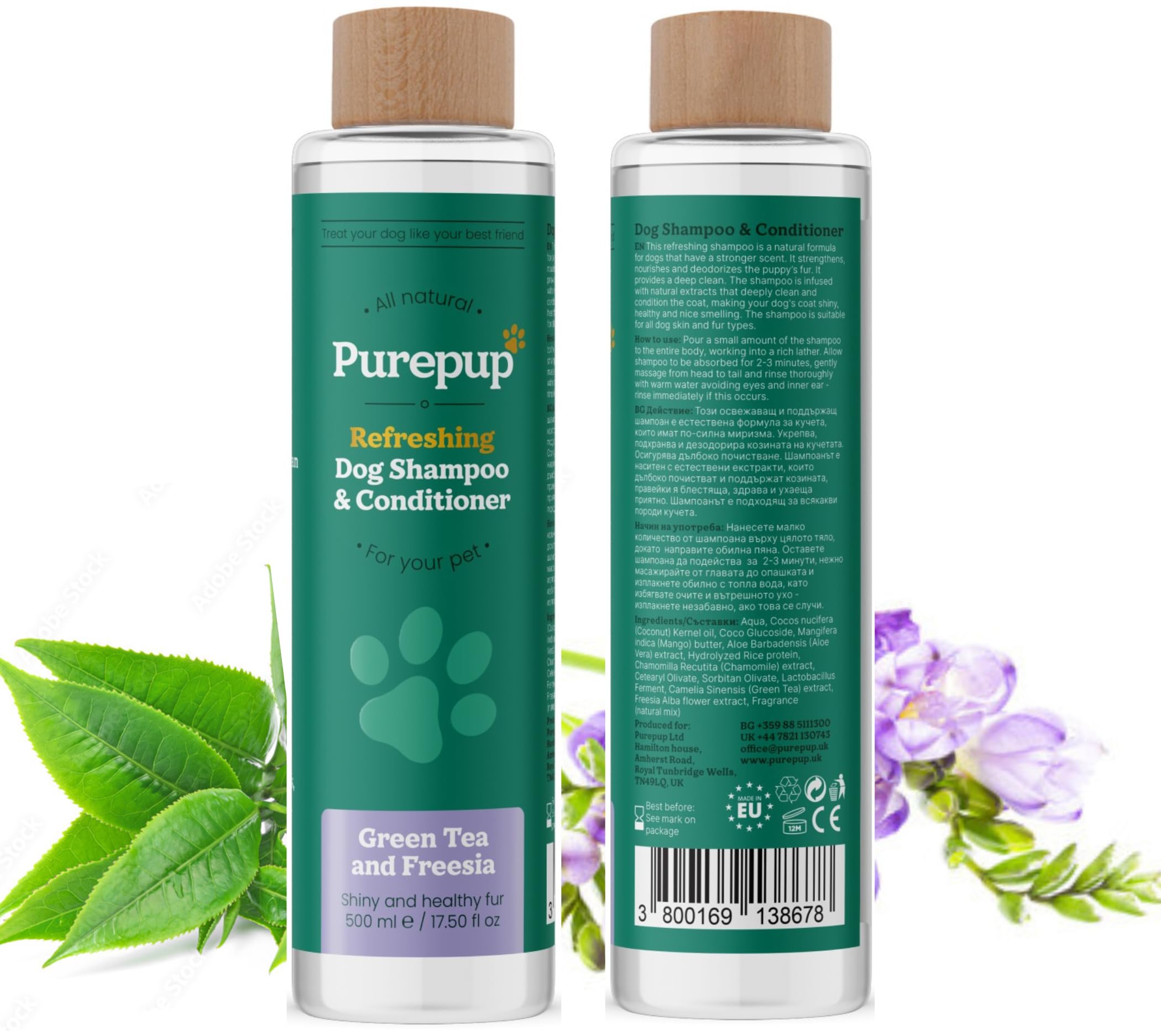 PUREPUP's All-Natural Dog Shampoo & Conditioner - Green Tea & Freesia Extracts, 500ml Bottle, Suitable for All Skin Types, Soothes Dryness & Itchiness, Vegan-Friendly