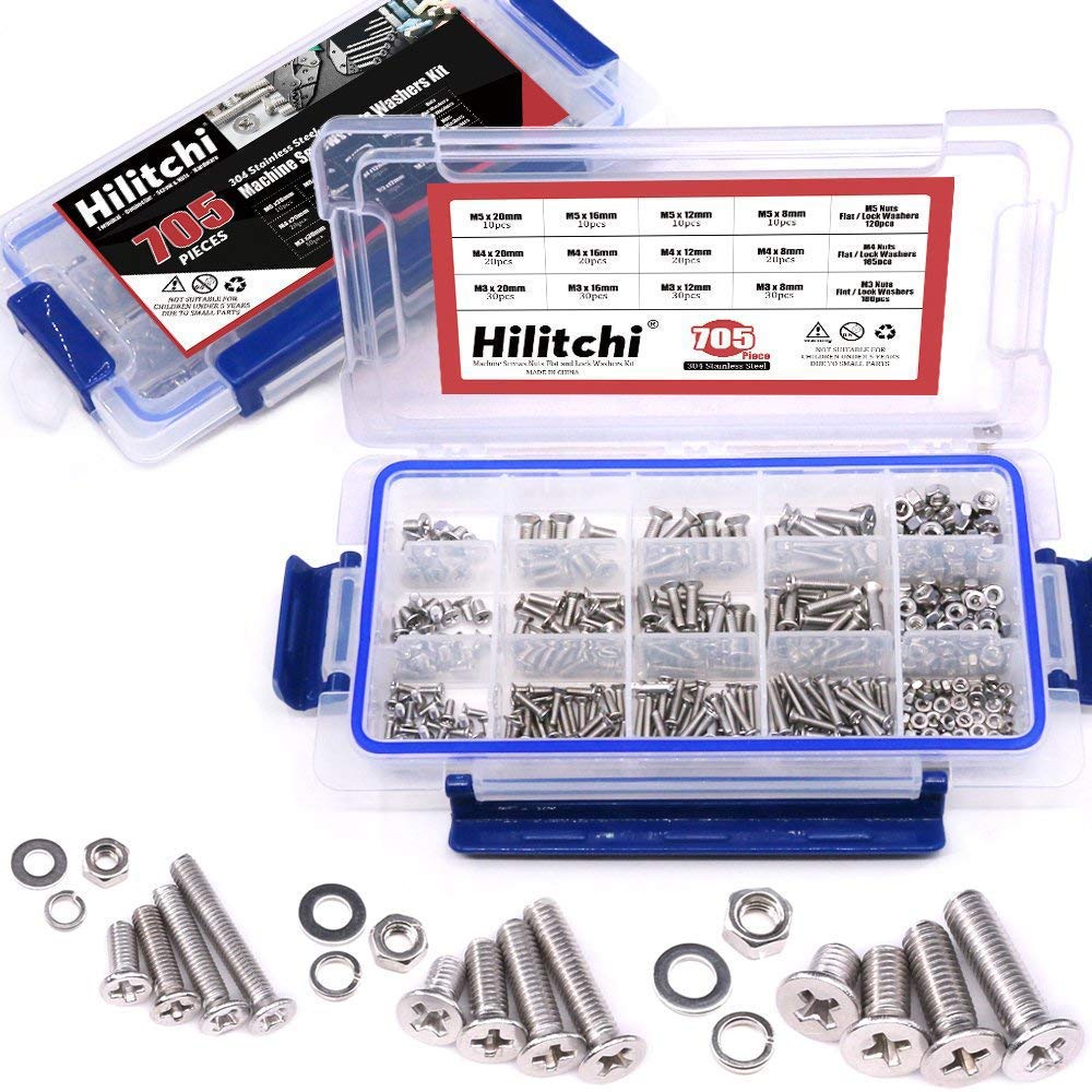 Hilitchi 705-Pcs M3 M4 M5 Phillips Flat Head Machine Screws Bolts Nuts Flat and Lock Washers Assortment Kit, 304 Stainless Steel, 8 to 20mm Length, Full Thread