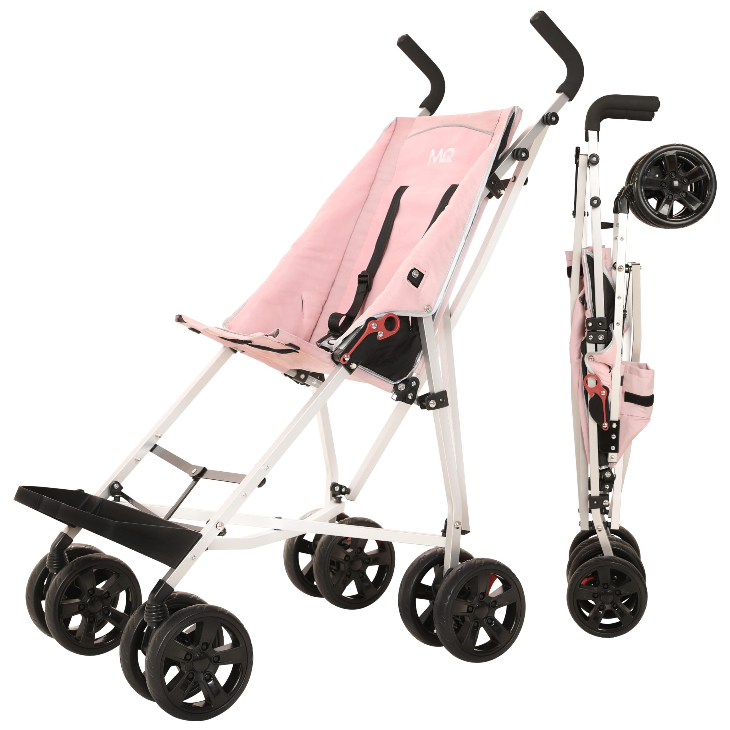 MobiQuip XL Disability Pushchair, Pink - Special Needs Stroller for Older Children up to 50kg - Lightweight Folding Aluminium Frame - Adjustable Footplate & 5-Point Harness - Smooth & Portable