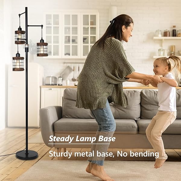 AIRPOSTA DIMMABLE FLOOR LAMPS FOR LIVING ROOM, 3-LIGHT INDUSTRIAL FLOOR LAMP WITH WOOD & METAL CAGE, FARMHOUSE STANDING LAMP TALL TREE LAMP FOR BEDROOM OFFICE, RUSTIC BLACK TALL FLOOR LAMP FOR CORNER