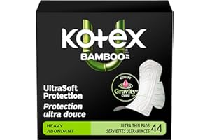 Kotex Bamboo Ultra Thin Pads with Wings, Heavy Absorbency, 44 Count (Packaging May Vary)