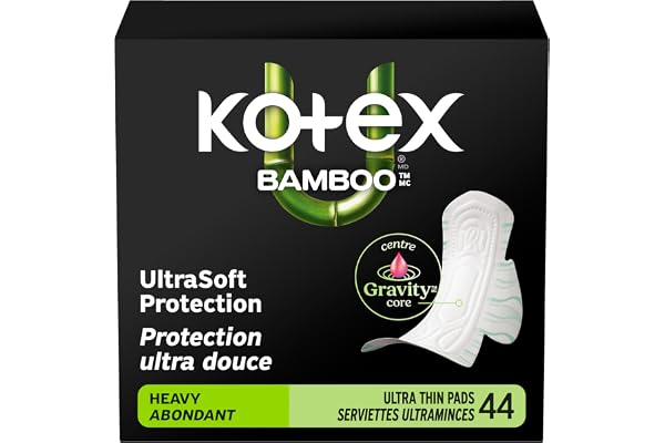 Kotex Bamboo Ultra Thin Pads with Wings, Heavy Absorbency, 44 Count (Packaging May Vary)