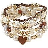 CWFPBA Bohemian Multilayered Faux Pearl Beaded Heart Pendant Crystal Zircon Stackable Multicolor Bracelets Set for Women Handmade Friendship Summer Beach Stretch Bangle Jewelry