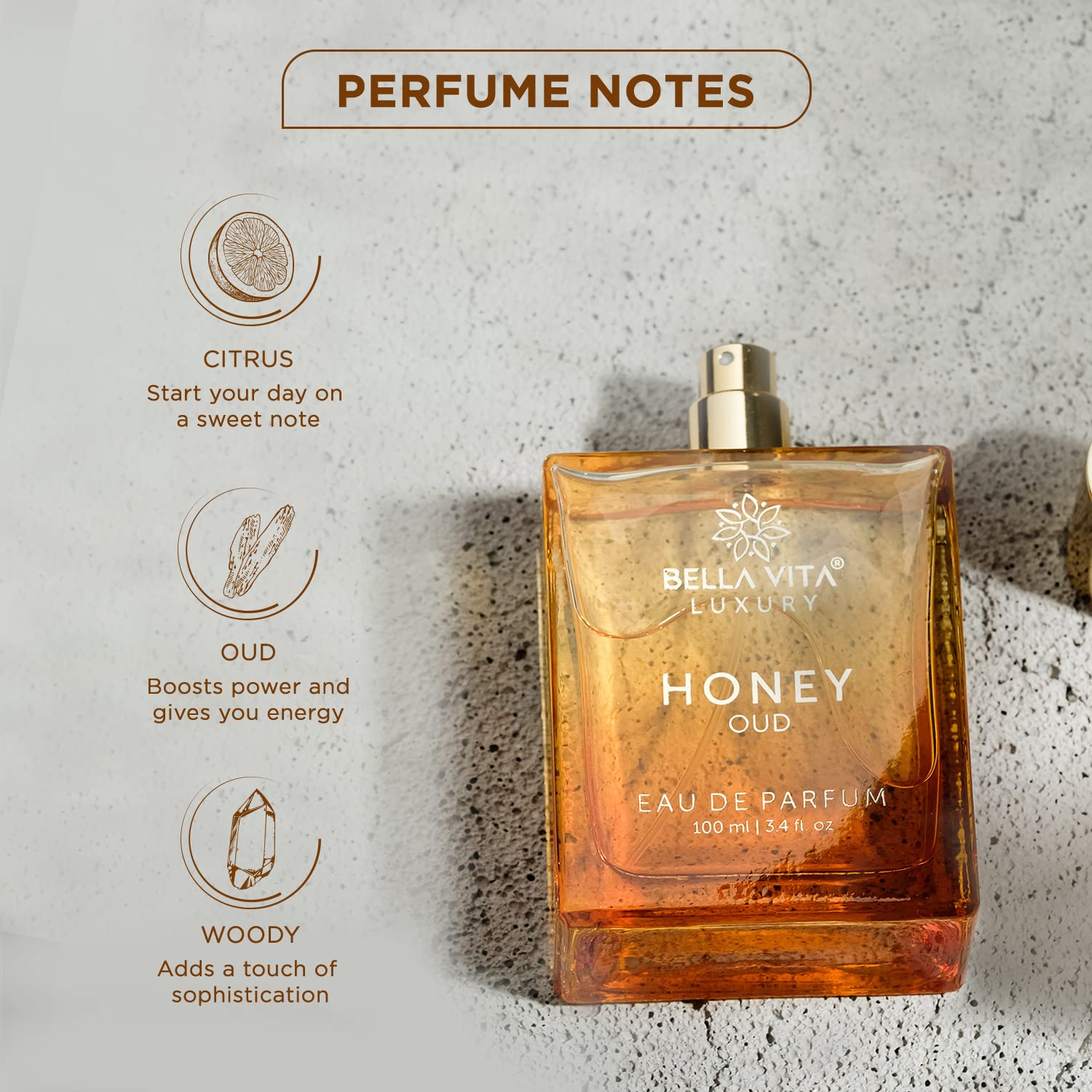 BellaVita Luxury Honey Oud Eau de Parfum (3.4 fl. oz.) | Patchouli, Vanilla, Bergamot, Floral & Spicy + Made with Clean & Vegan Essentials Oils + Cruelty Free | Long-Lasting Unisex Fragrance