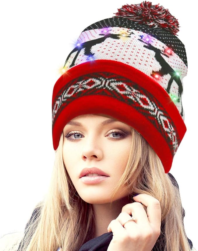 Rotus Novelties LED Light Up Santa Beanie Knit Cap with 10 Colorful