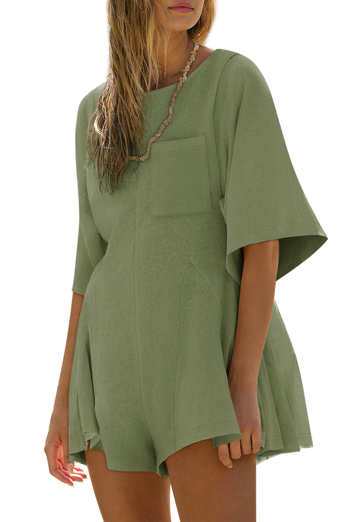 Photo 1 of Yousify Rompers for Women 2025 Casual Spring Summer Vacation Romper Dress Draped Sleeves Loose Tshirt Romper Olive Green M