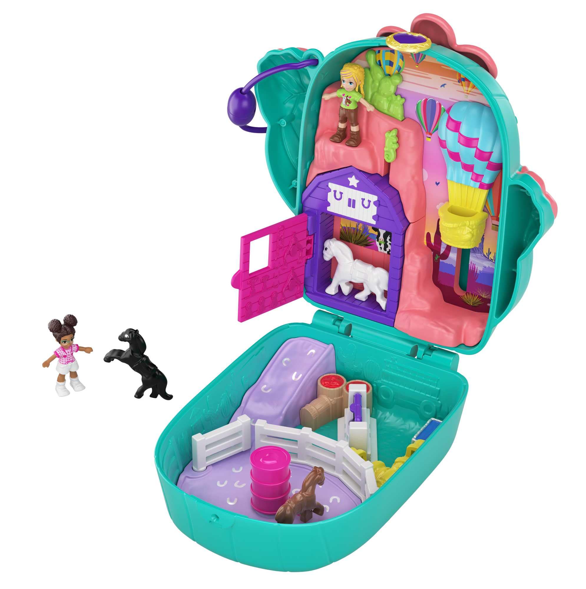Polly Pocket Pocket World Cactus Cowgirl Ranch Compact with Fun Reveals, Micro Polly and Shani Dolls, 2 Horse Figures and Sticker Sheet; For Ages 4 and Up, GKJ46
