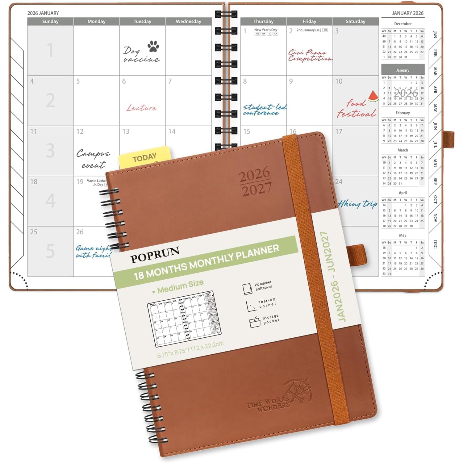 Photo 1 of POPRUN Monthly Planner 2026-2027 (Medium 6.5" x 8.5") 18 Months Calendar (Jan 2026 - Jun 2027) - 4 Pages per Month with Expense & Notes, Stair-like tabs, Leather Cover, Sunday Starts - Brown