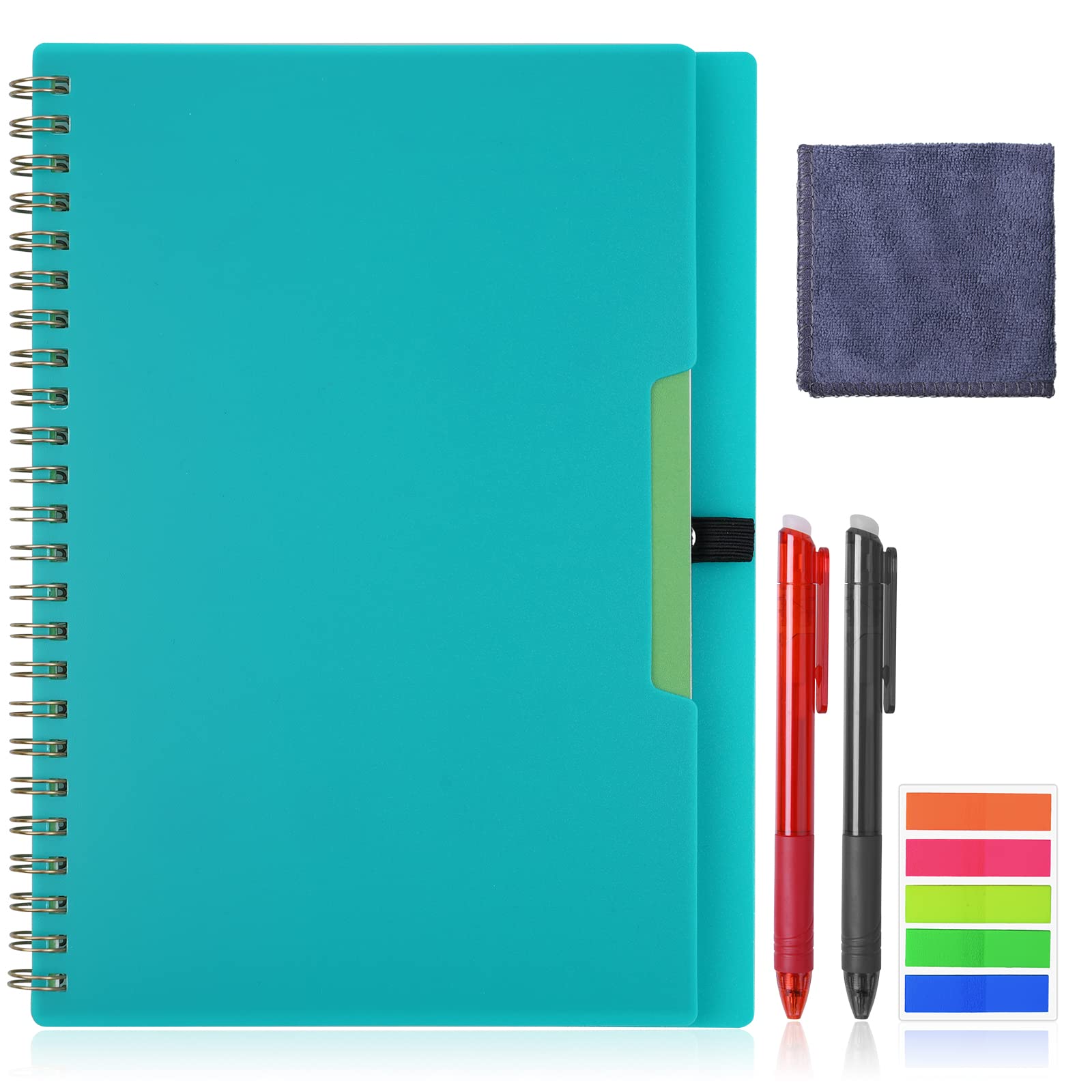 Vicloon Smart Reusable Notebook A5, Wirebound Notebook with 2 Frixion Pen, Sticky Notes Flags and Wipe, Lined Notebook for Quick Sketch, Cloud Storage and Reuse (Green)