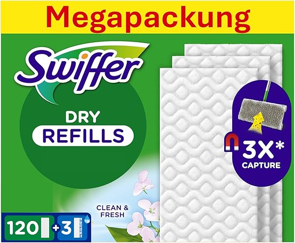 Swiffer Bodenwischer Nachfüllpackung, 120 Trockene Und 3 Feuchte Bodentücher, Nimmt Schmutz Auf Und Schließt Ihn Ein