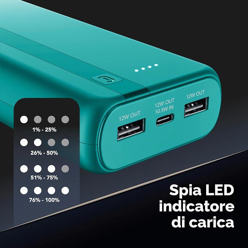 Power Bank 20000 mAh con USB-C In/Out + 2 Porte USB-A - Ricarica Multipla e LED Indicatore - Verde