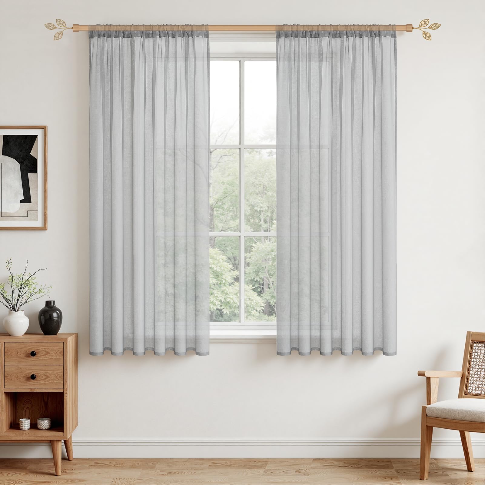 MRTREES Grey Window Net Curtains 57 Inch Drop, Voile Sheer Curtains with Rod Pocket for Kitchen Bedroom Living Room Semi-Transparent, 2 Panels 140x145 CM 55x57 Inch Grey