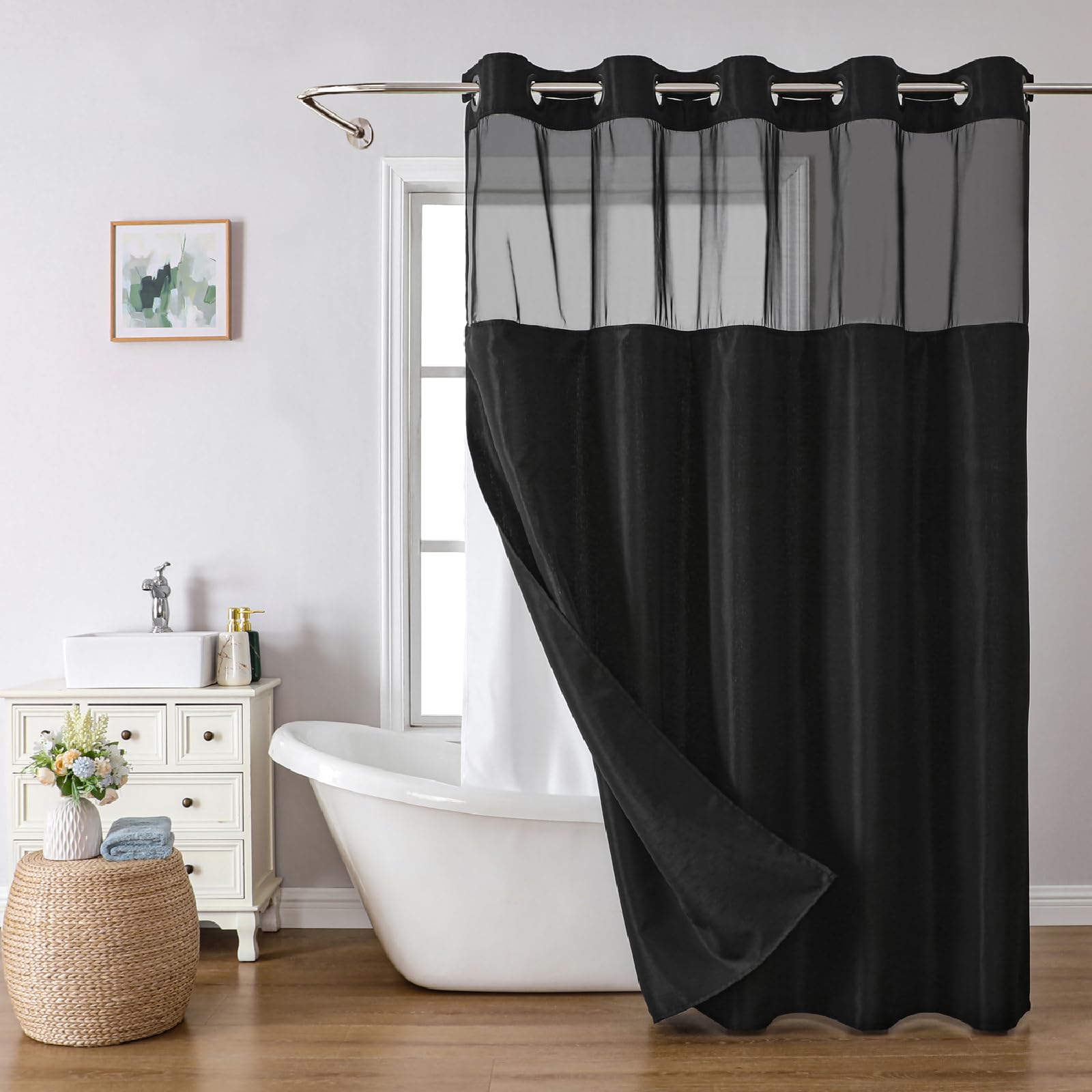 Photo 1 of eachope No Hooks Needed Linen Textured Shower Curtain with Snap-in Fabric Liner Set,Black Hotel Luxury Decor Shower Curtains for Bathroom with Mesh Top Window,Waterproof & Washable,71Wx74H