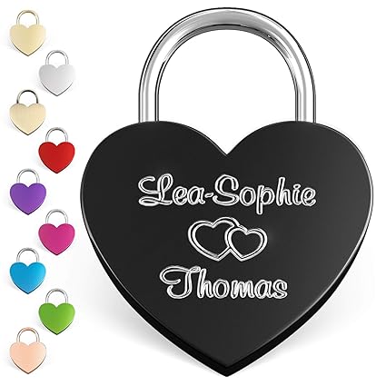 LIEBESSCHLOSS-FACTORY Liebes Herzschloss schwarz mit Gravur, gratis Geschenk-Box uvm. Jetzt graviertes Schloss selbst gestalt