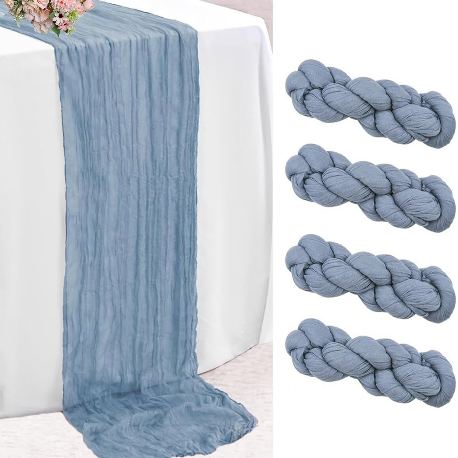 Photo 1 of 4Pcs Dusty Blue Cheesecloth Table Runner 10FT Blue Table Runner 20 x 120 inch Boho Gauze Table Runner Rustic Sheer Runner for Wedding Bridal Baby Shower Party Birthday Table Decor