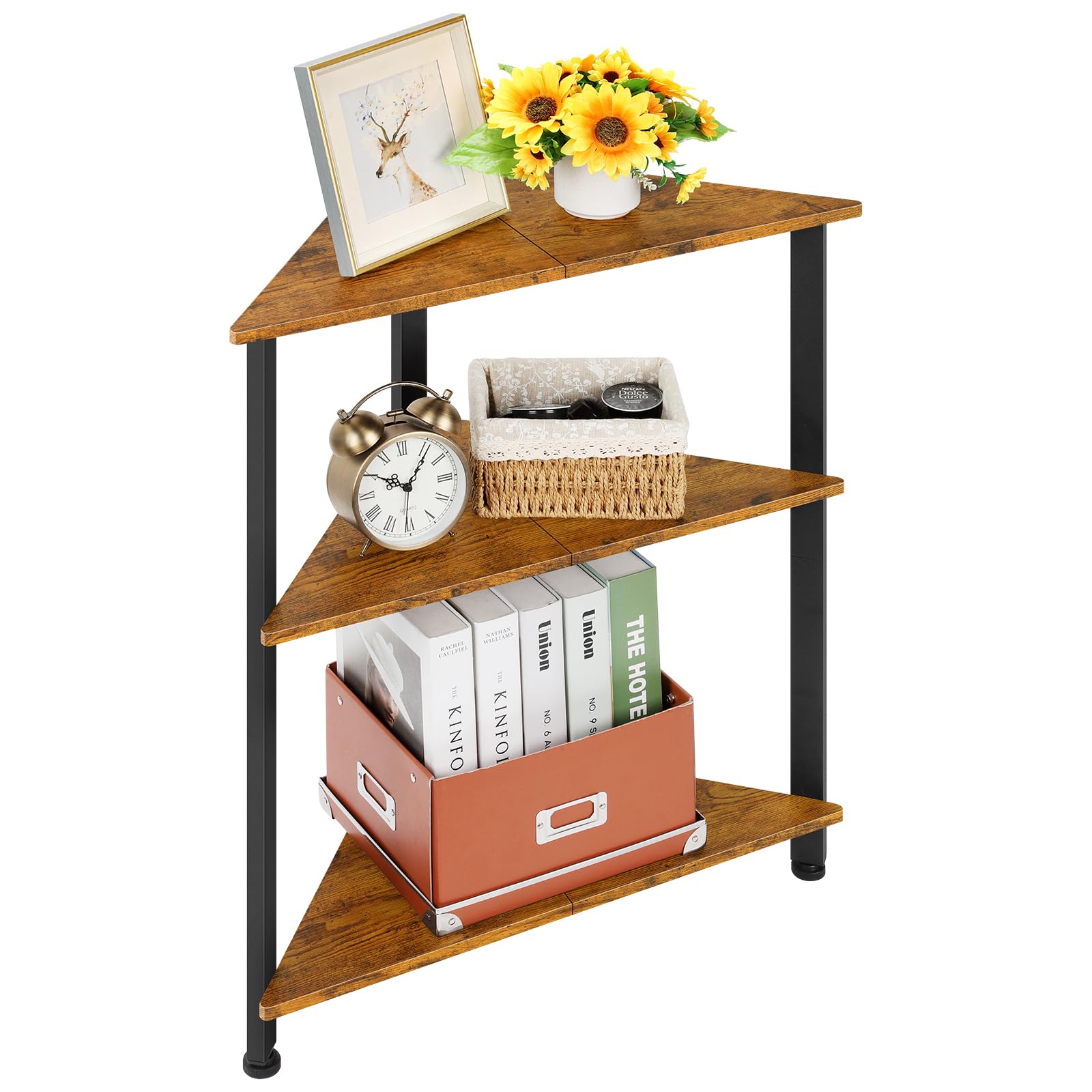 Photo 1 of Fogein 3 Tier End Corner Table, Corner Shelf, Triangle End/Side Tables, Corner Nightstand, Corner Bookshelf with Metal Frame Corner Shelf Stand for Small Space Living Room(Rustic Brown)