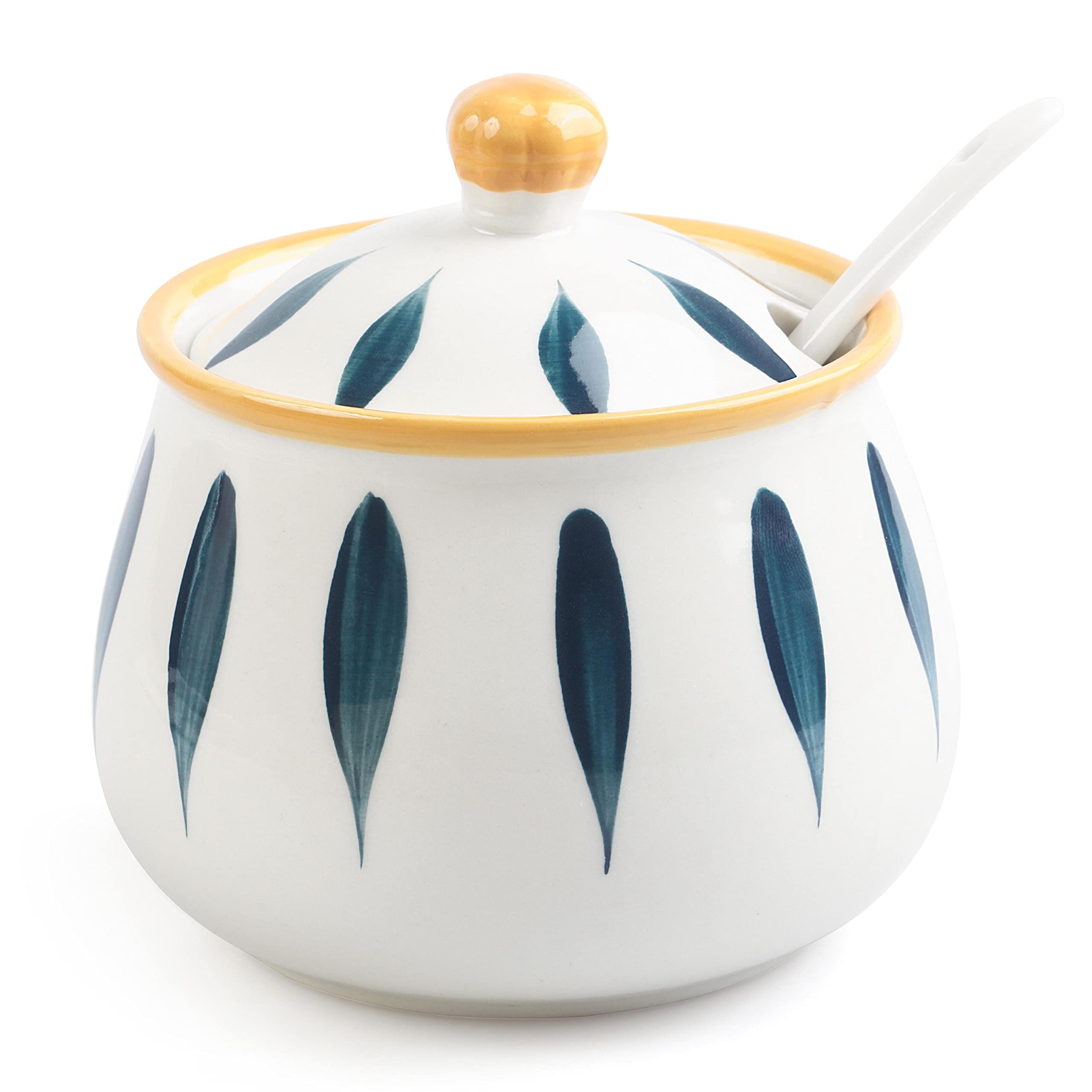 mehrido Porcelain Sugar Bowl with Lid and Spoon, 430ml Ceramic Sugar Container for Kitchen and Home, Farmhouse Sugar Jars for Coffee Bar (Leaf)