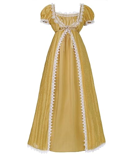 gold regency dress LTAKK For Women – Empire Waist Victorian Costume With Sash, Brooch & Square Neckline historical regency dress
