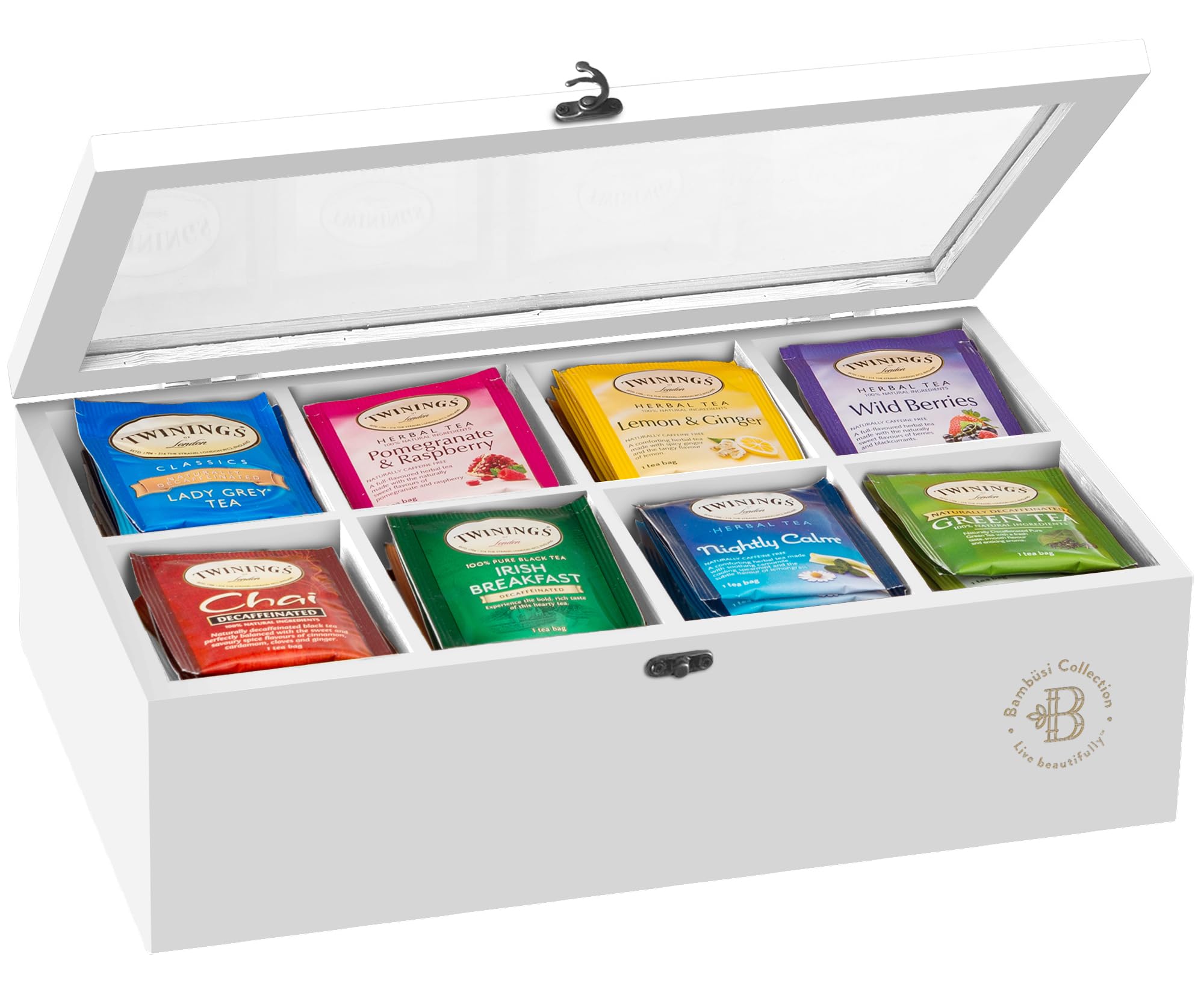 Photo 1 of Tea Bag Organizer - White Bamboo Tea Box Organizer Storage Box, Tea Bag Holder with Acrylic Window, Magnetic Lid Keeps Tea Bags Fresh - Tea Organizer Caddy (Tea Not Included) Christmas Gift