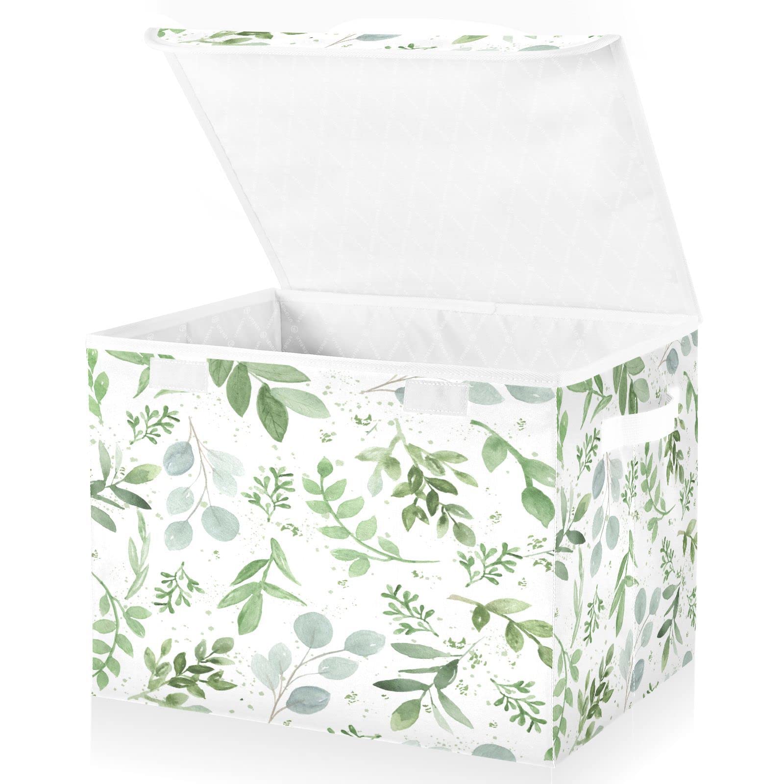 Mnsruu Storage Boxes with Lids, Plant Green Twigs Leaves Large Storage Basket Organizer Shelves Cube Bin Toy Clothes Underbed