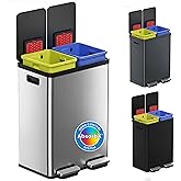 iTouchless 16 Gallon / 60L Dual Kitchen Trash Can & Recycle Bin, 2x8 Gal Removable Buckets, Soft-Close Stainless Steel Step Pedal, Fingerprint-Resistant, AbsorbX Odor Filter – Brushed Silver