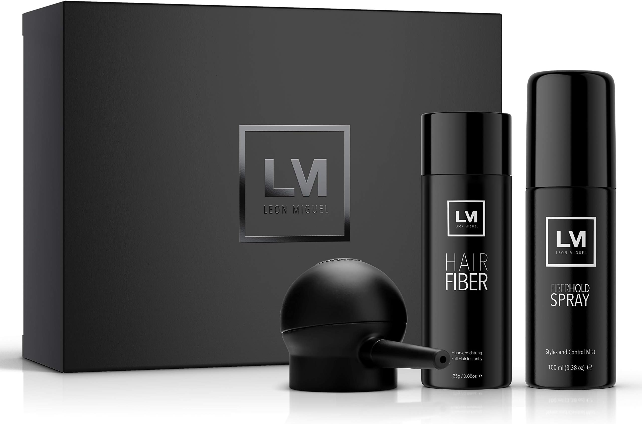 Leon Miguel® 2 in 1 Hair Building Kit | Hair Fibre + Fiber Applicator – Spray Attachment and Shaker Head/Pouring Hair