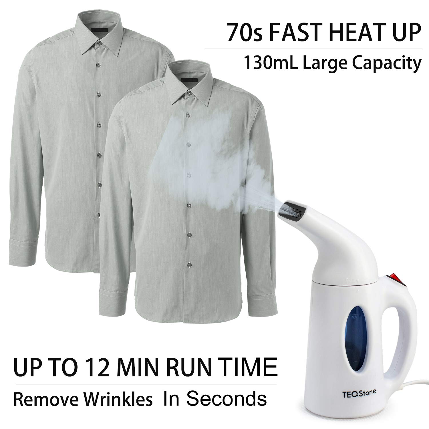 Défroisseur Vapeur Vertical Voyage, TEQStone Fer à Repasser Portable, 700W 130ML Mini Steamer Vapeur Vertical Réchauffage Rapide, Élimine les plis, Avec Gant Anti-Brûlure