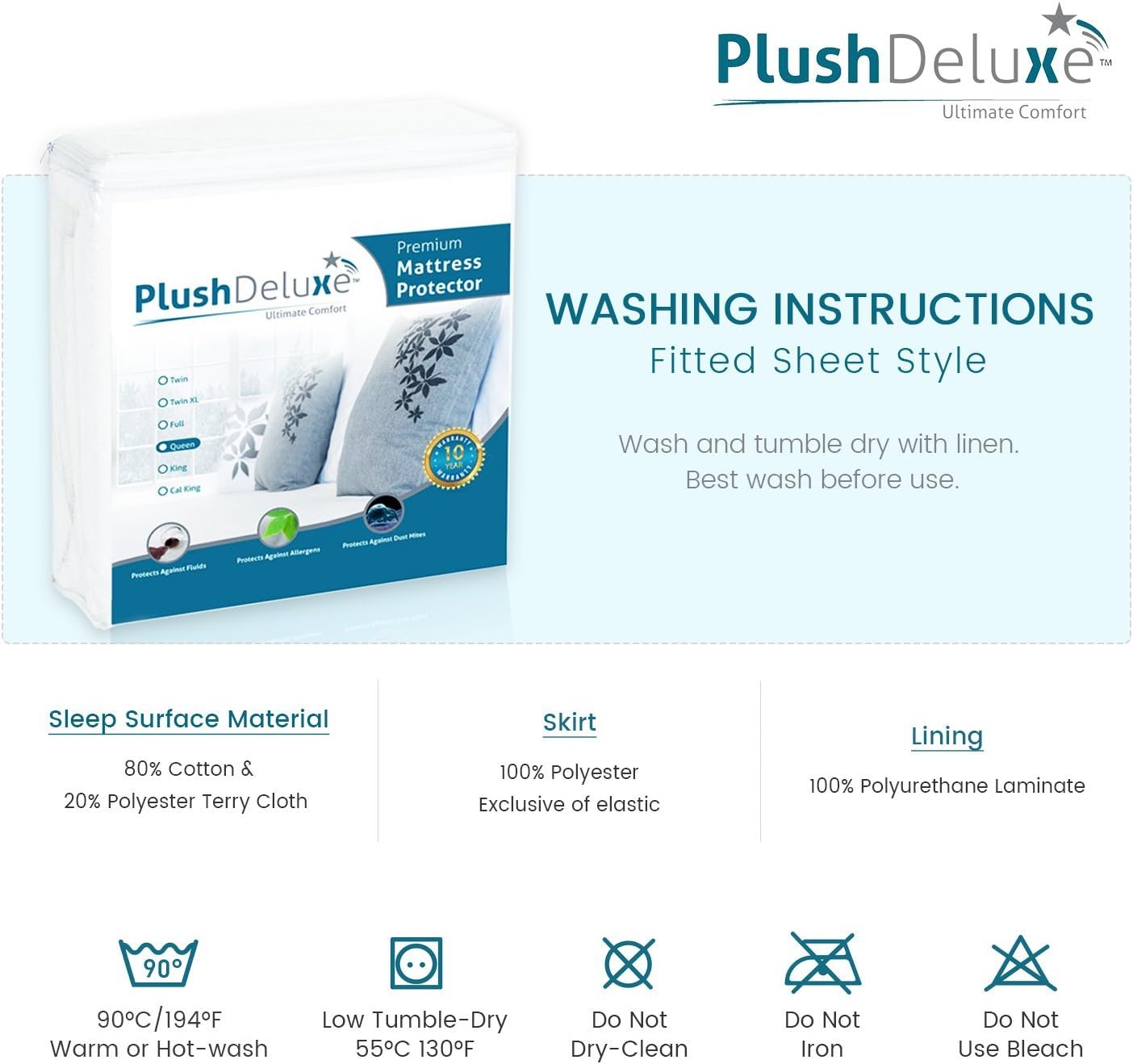 PlushDeluxe Premium Mattress Protector, Waterproof & Hypoallergenic Mattress Cover, Breathable & Without Vinyl Soft Cotton Terry Surface: Home & Kitchen