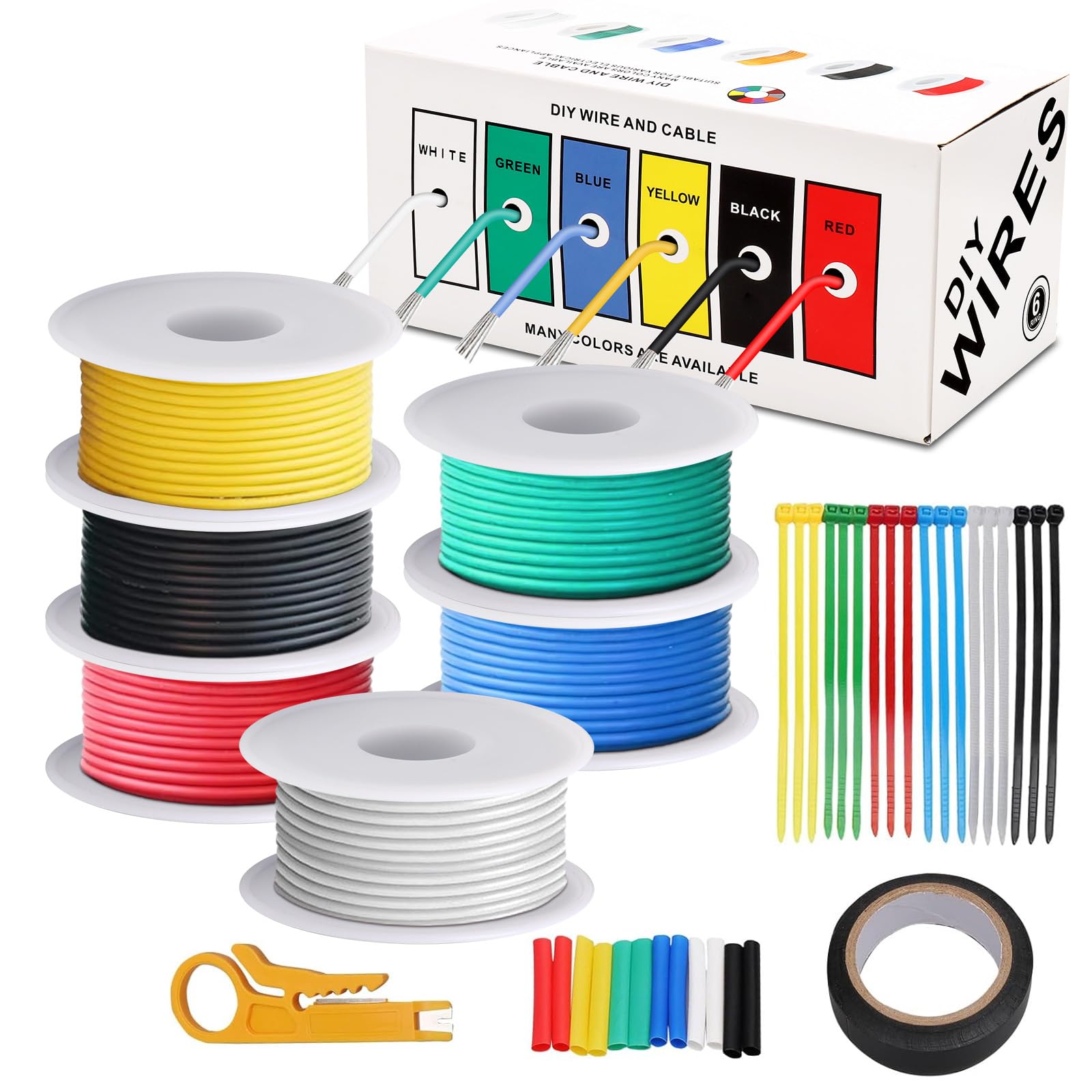 Coomoors 0.32 mm² 22 Gauge Connecting Wires Electronic Kit Silicone Electric Cable 6 Colours (Black, Red, Yellow, Green, Blue and White), Each 7 Metres, 22 AWG Tinned Copper Wire with Silicone Rubber — image 1