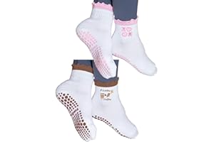 Puedizux Women Cute Pilates Socks Grip Crew Yoga Socks Ruffle Cuff Embroidery Pattern Workout Ballet Socks