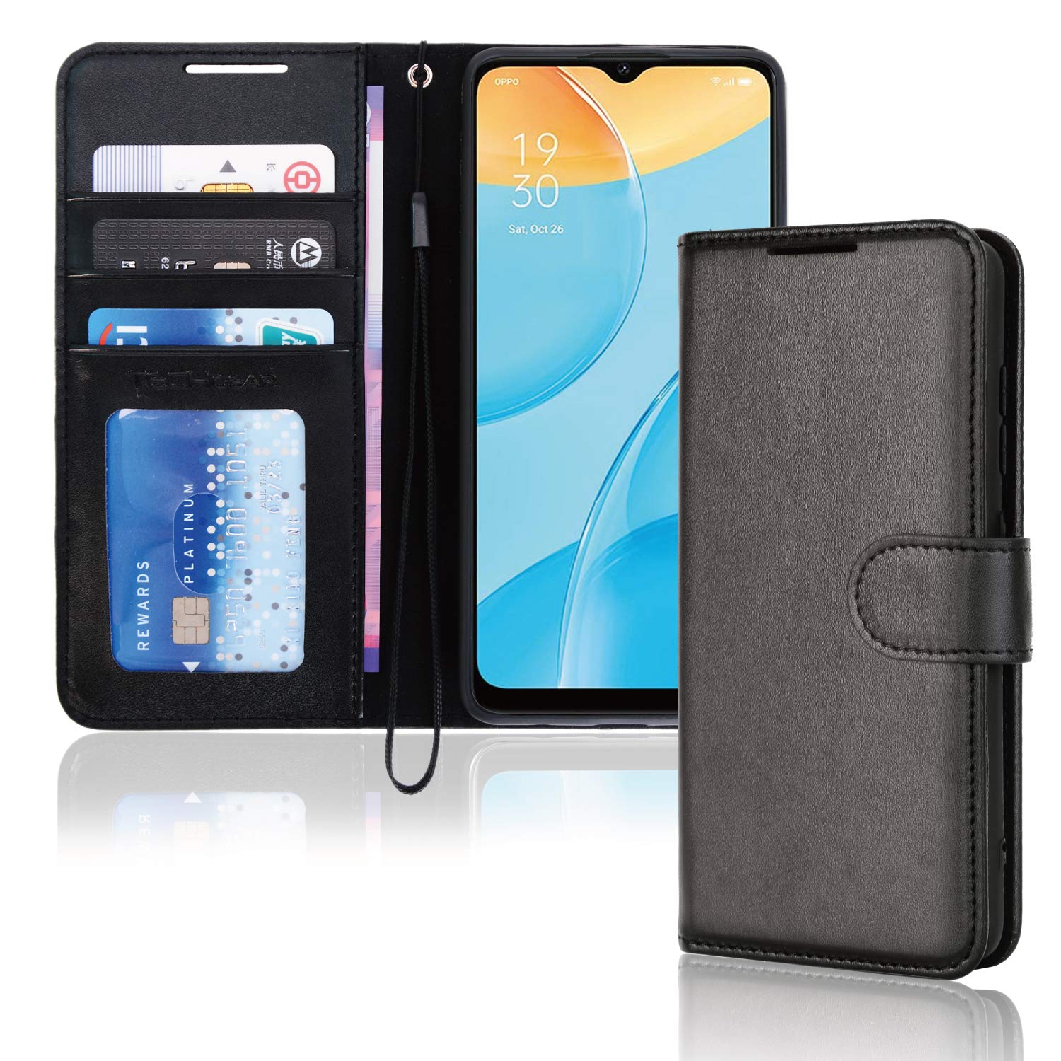 TECHGEAR Leather Wallet Case for Oppo A15 / A15s, Flip Protective Case Cover with Wallet Card Holder, Stand & Wrist Strap - Black PU Leather with Magnetic Closure
