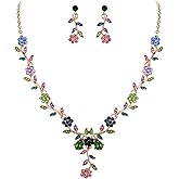 BriLove Women's Wedding Jewelry Leaf Cluster Flower Crystal Dangle Earrings Pendant Necklace Set for Bridal