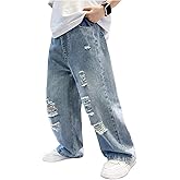 SHENHE Boy's Baggy Jeans Wide Leg Ripped Elastic Waist Loose Hiphop Pants with Pockets