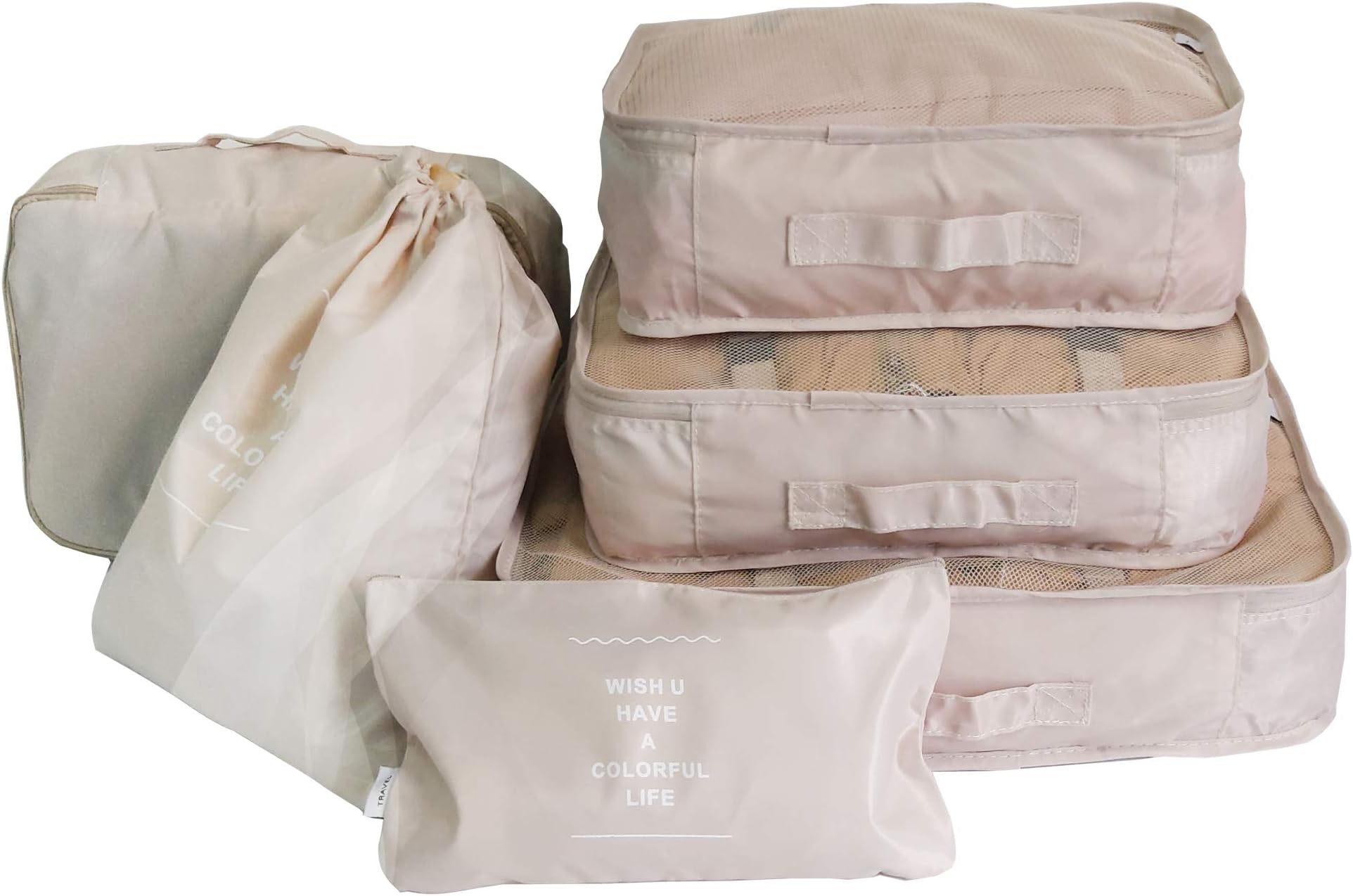 7 Pcs Packing Cubes for Travel, Luggage Organizer System Set including 3 Packing Cube with Interior Strap and 1 Laundry Bag, Beige