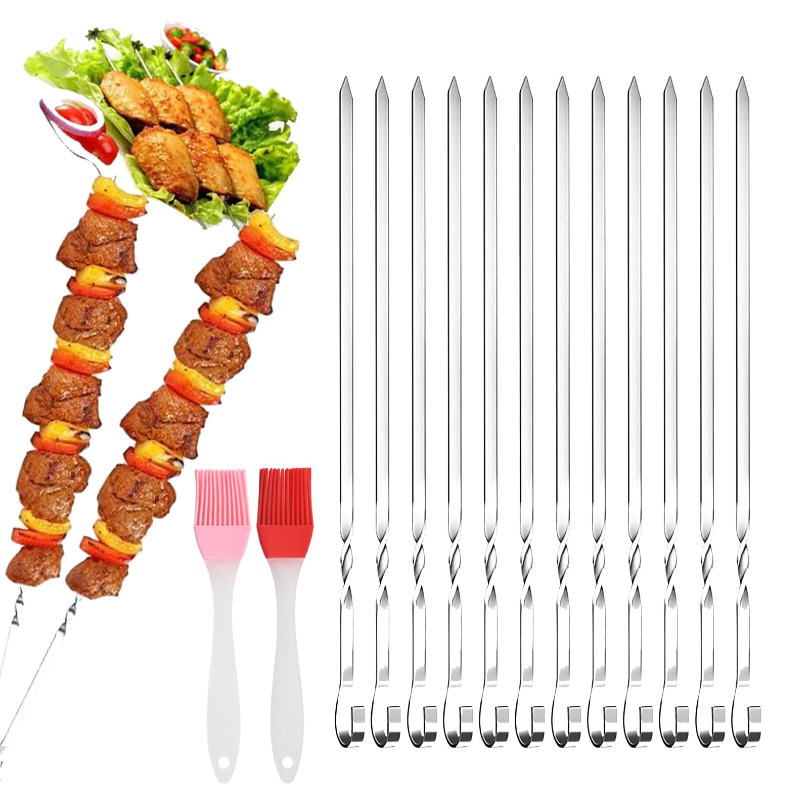 Barbecue Skewers, Stainless Steel, Pack of 20 Barbecue Skewers Made of Rustproof Stainless Steel + 2 Brushes, 30 cm Kebab Skewers, Reusable Grill Kabob, Barbecue Skewers Made of Stainless Steel for