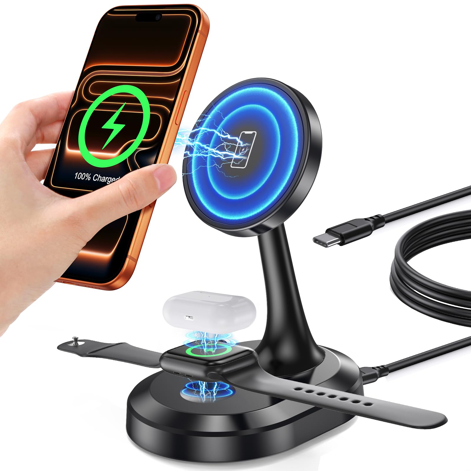 Photo 1 of 3 in 1 Magnetic Wireless Charging Station Apple Devices 15W Fast Mag-Safe Charger Stand Wireless Charger Station for iPhone 17 16 15 14 13 12 Pro/Pro Max/Plus/Mini AirPods 2/3/Pro iWatch Series