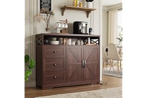 FIVEWILLOWISE 47" Dark Brown Farmhouse Storage Cabinet with Barn Doors and Drawers, Sideboard Buffet Cabinet with Storage, Kitchen Pantry Hutch, Coffee Bar Station Table for Kitchen, Living, Dining Room