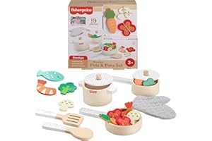 Fisher-Price Wood Kitchen Pretend Play Toy Pots & Pans Set, 19-Piece Playset Wooden, Metal & Fabric for Preschool Kids Ages 3+ Years