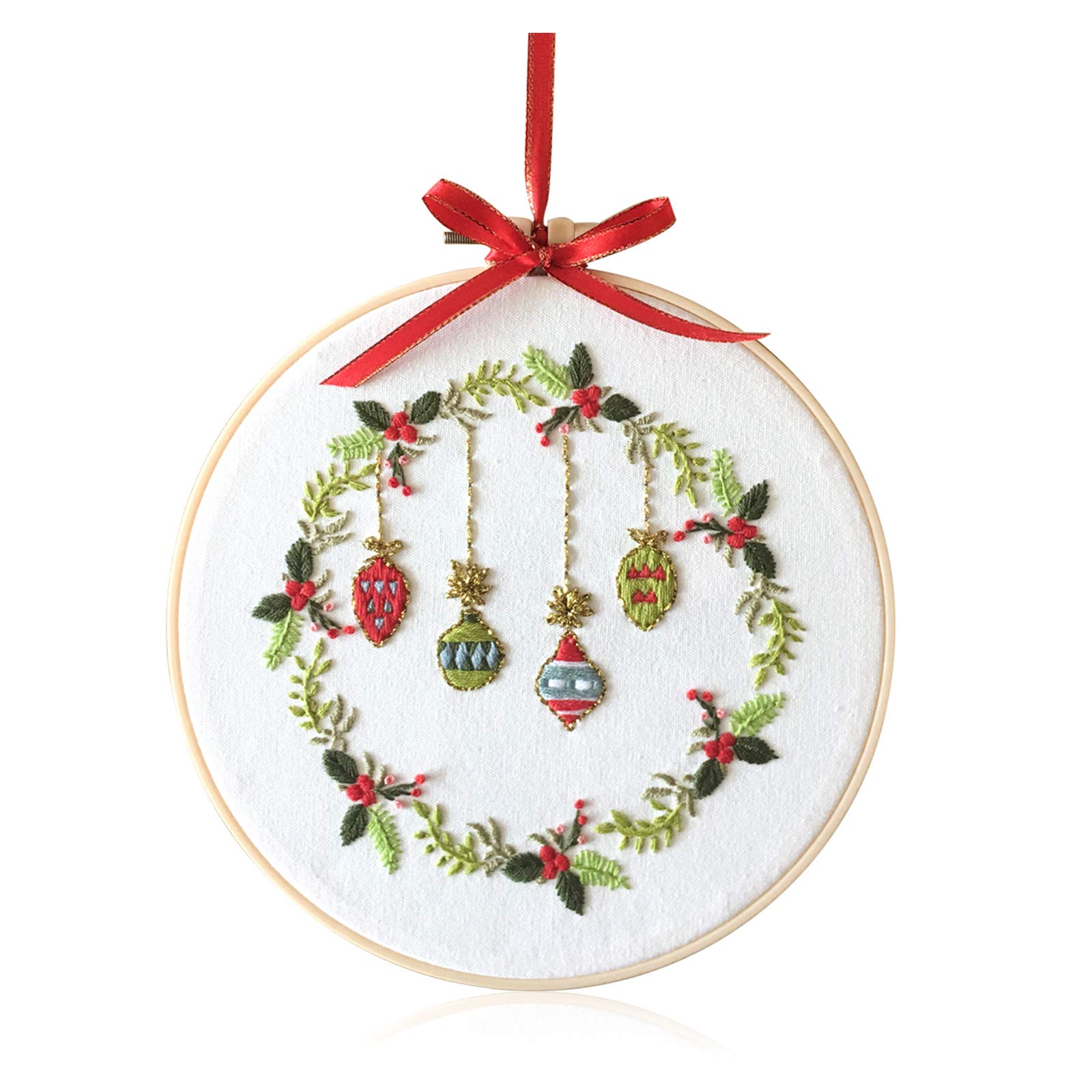 Christmas Full Range of Embroidery Starter Kit,8 Inch Cross Stitch Xmas Wreath Set Includes Embroidery Hoops Color Threads Needles,Xmas Plant Pattern for Home Party Decor
