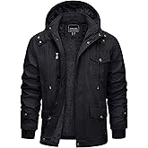CRYSULLY Men's Winter Jacket Cotton Military Jackets Fleece Lined Thick Warm Cargo Coats Multi-Pocket Outwear with Hooded