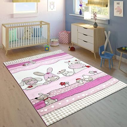 Kinderteppich Kinderzimmer Konturenschnitt Farm Tiere Pink Rosa Pastellfarben, Grösse:120x170 cm