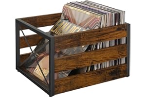YINMIT Vinyl Record Storage, Large LP Vinyl Record Storage Crate, Metal & Wooden Record Holder, Cube Record Organizer Box, Holds up to 80+ Records