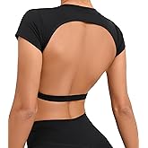 Women's Open Back Workout Tops Backless Sports Top Medium Support Crop Tops Short Sleeve Shirt Going Out Tee with Bra